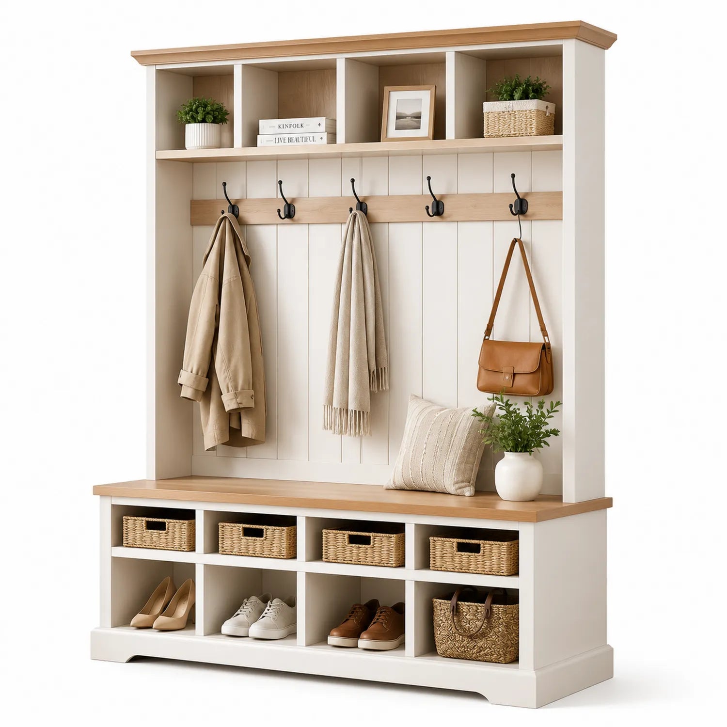 Garderoba do przedpokoju z ławką i wieszakami 160 cm x 40 cm x 200 cm MDF dąb złamana biel czarny prostokątna