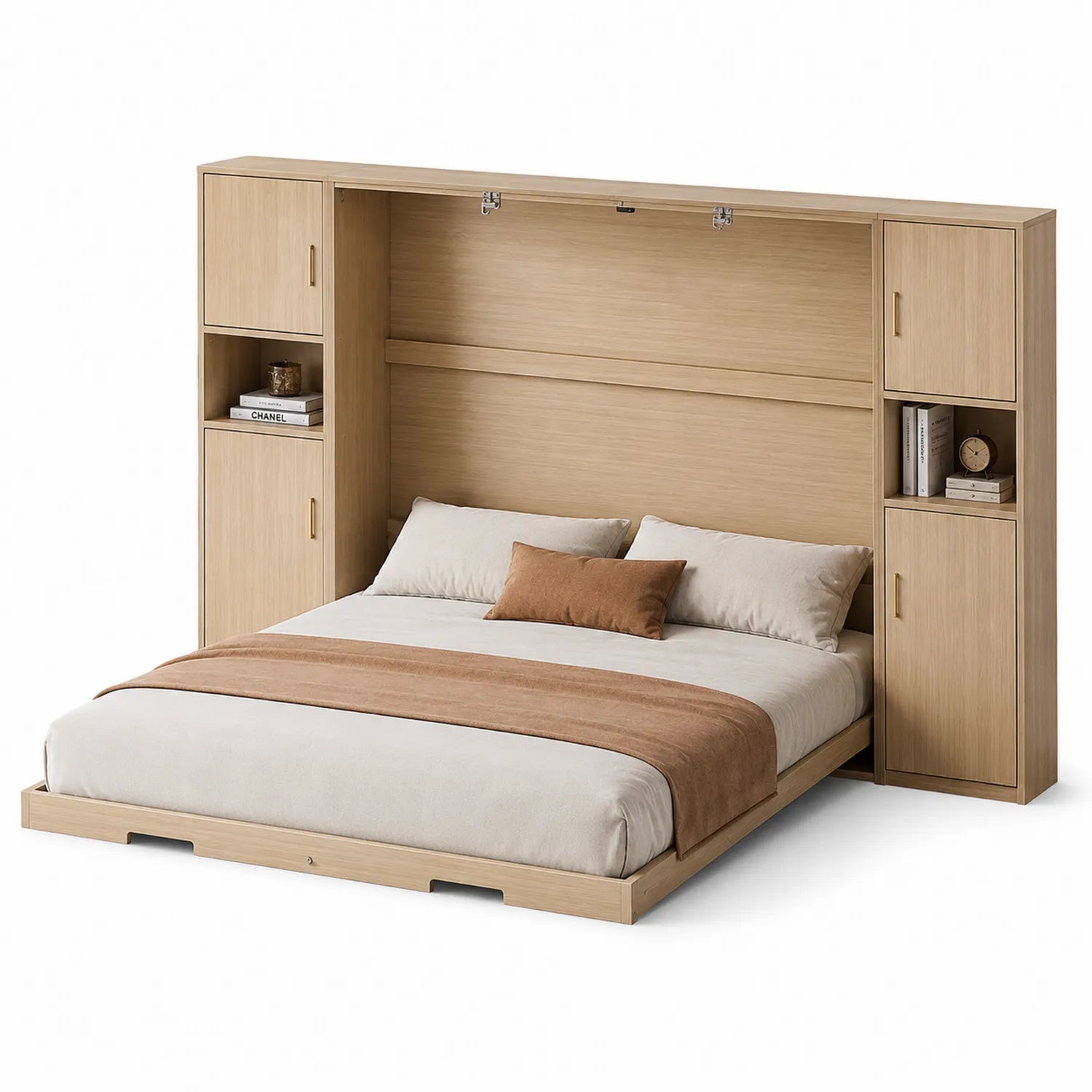 Łóżko ścienne składane 160 x 200 cm beżowe MDF z zabudową i szafkami bocznymi