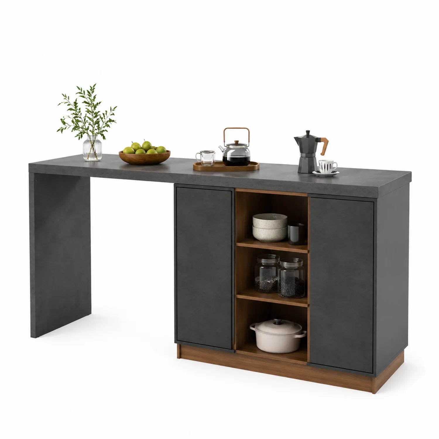 Wyspa kuchenna 180 x 60 x 90 cm MDF blat grafitowy półki dąb czarna stal prostokątna