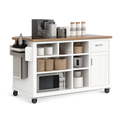 Mobilna wyspa kuchenna z blatem drewnianym 100 x 60 x 90 cm MDF biała na kółkach z szufladami i półkami prostokątna