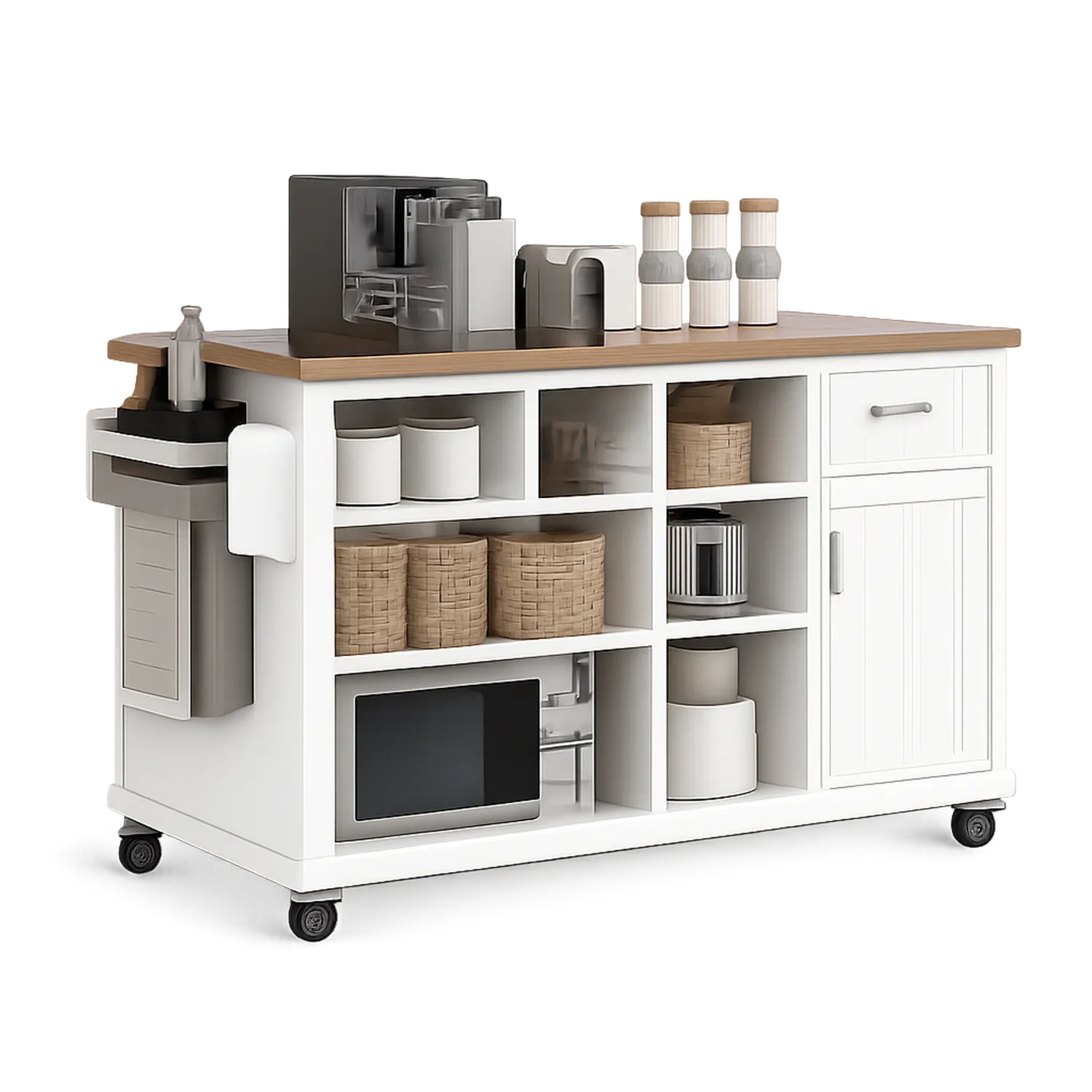 Mobilna wyspa kuchenna z blatem drewnianym 100 x 60 x 90 cm MDF biała na kółkach z szufladami i półkami prostokątna