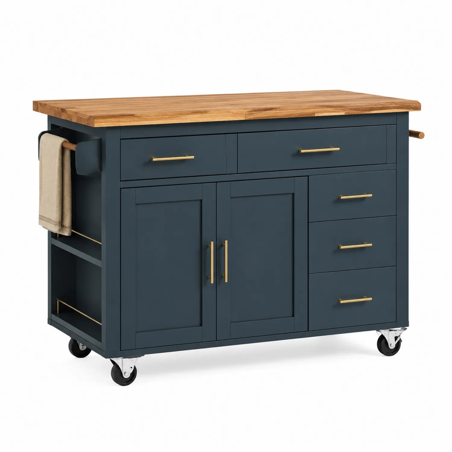 Wyspa kuchenna na kółkach 130 x 50 x 90 cm MDF blat drewniany szafki ciemny niebieskozielony z szufladami i półkami