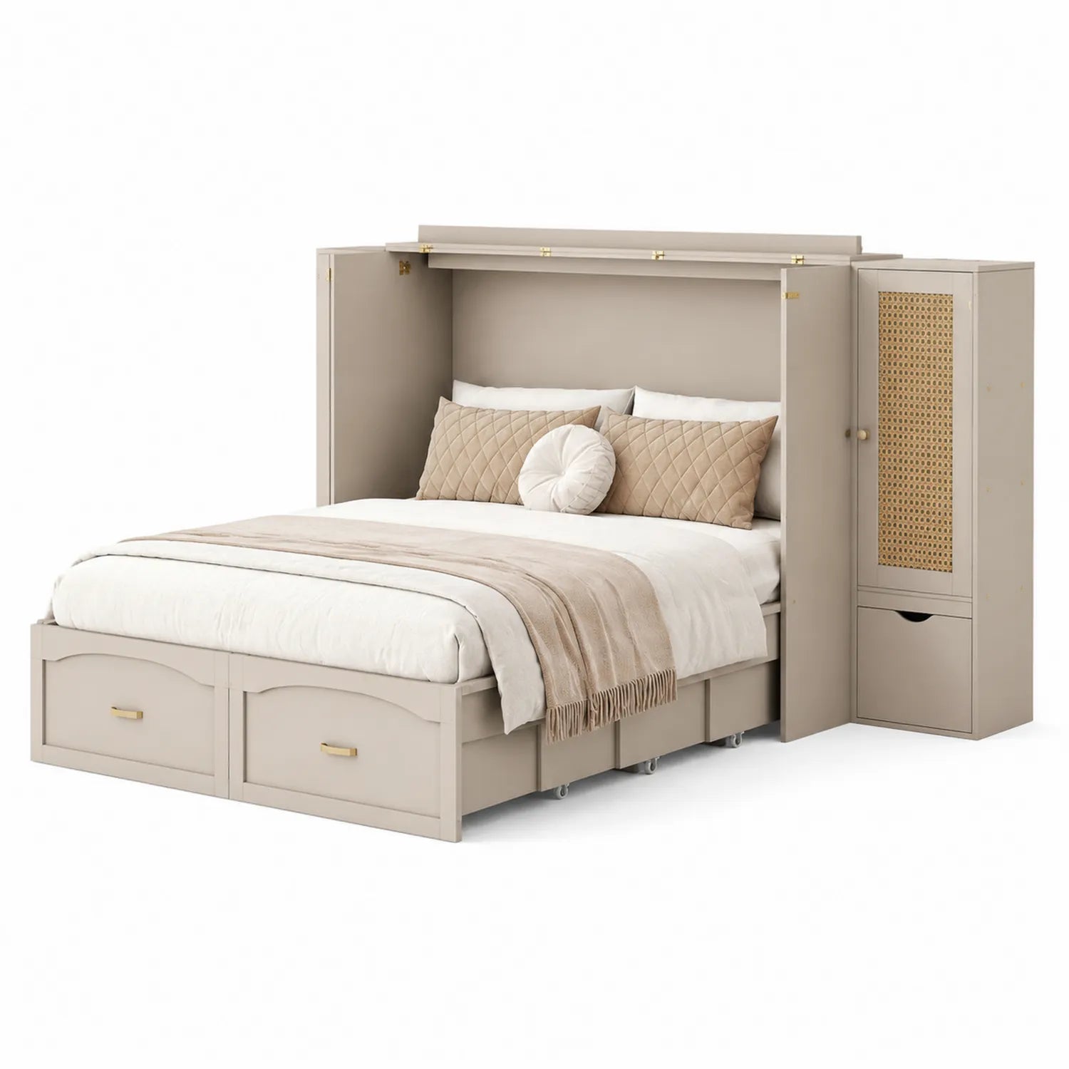Łóżko ścienne składane 160 x 200 cm 250 x 220 x 210 cm MDF laminowany stal rattan beżowe złote elementy z szafkami bocznymi