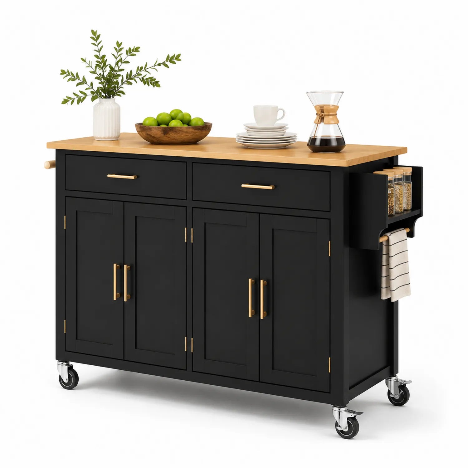 Wyspa kuchenna na kółkach 120 x 50 x 90 cm MDF prostokątna czarna blat drewniany naturalny złote uchwyty mobilna
