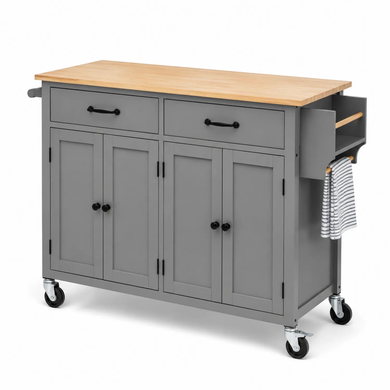 Wyspa kuchenna mobilna 120 x 50 x 90 cm szara z drewnianym blatem MDF szafki szuflady na kółkach