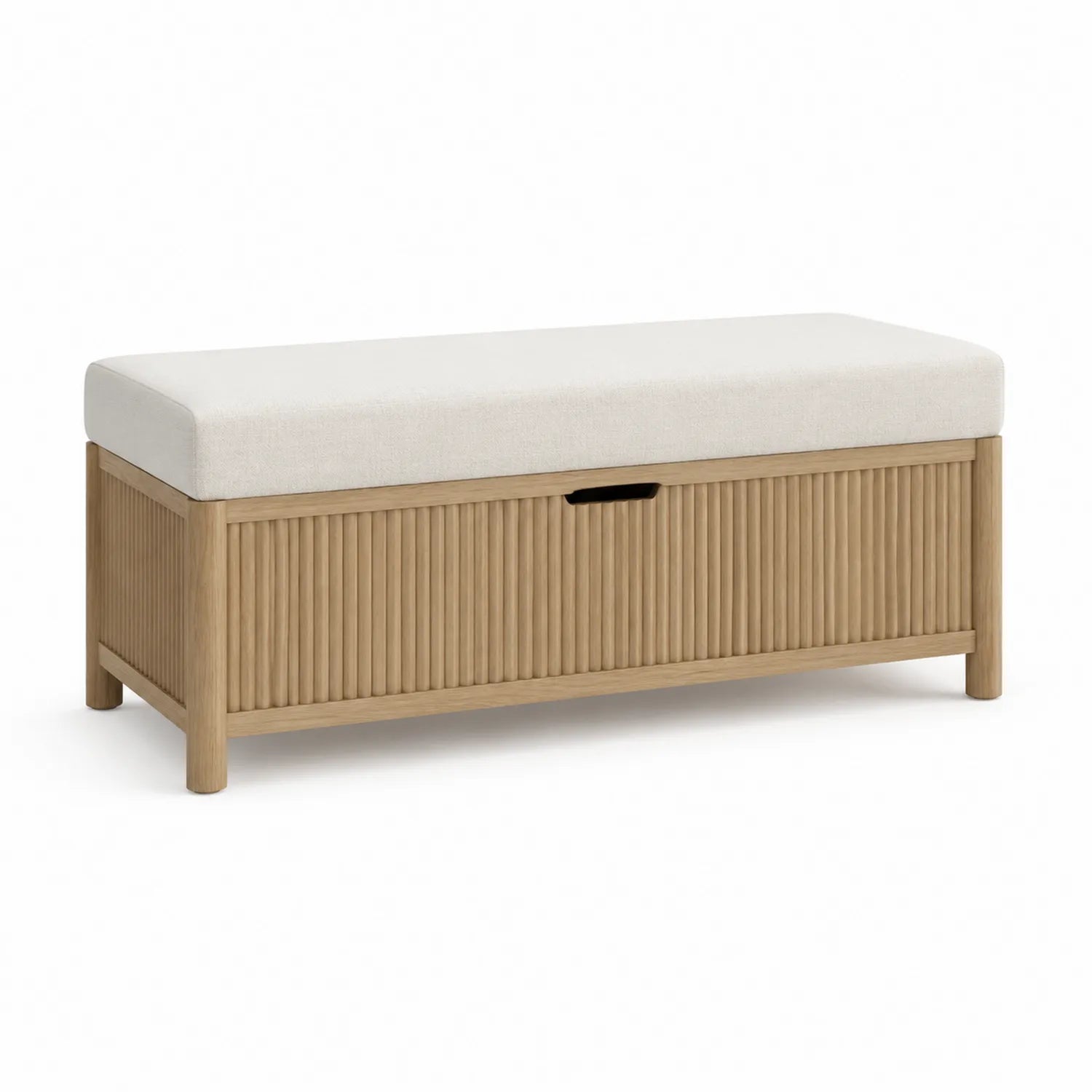 Ławka do przedpokoju ze schowkiem 120 x 42 x 48 cm MDF jasne drewno siedzisko kremowe ryflowany front