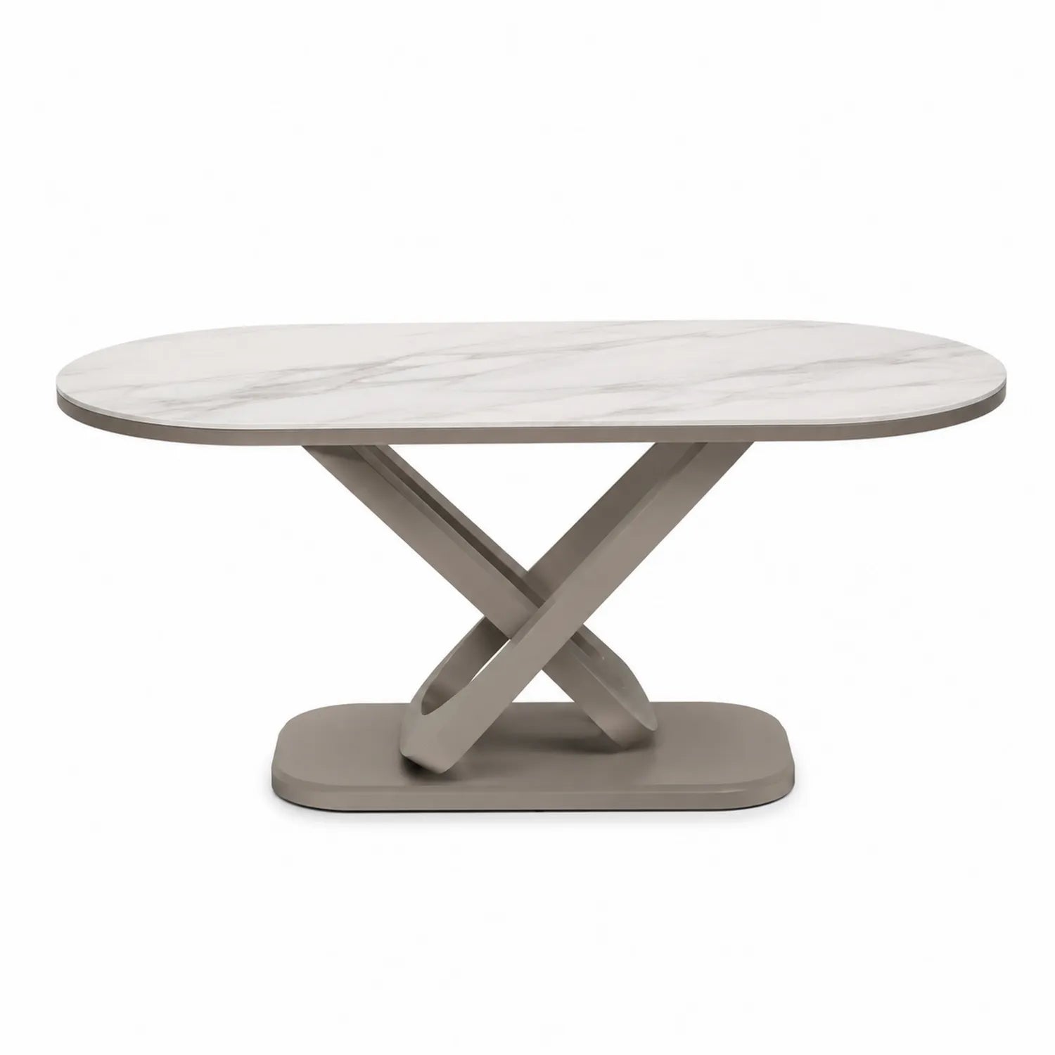 Stół jadalniany owalny 160 x 90 x 75 cm blat spiek ceramiczny biały marmur podstawa metalowa szarobeżowa