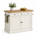 Wyspa kuchenna prostokątna 130 x 50 x 90 cm MDF blat drewno kauczukowe kremowa naturalne drewno czarne uchwyty reling boczny