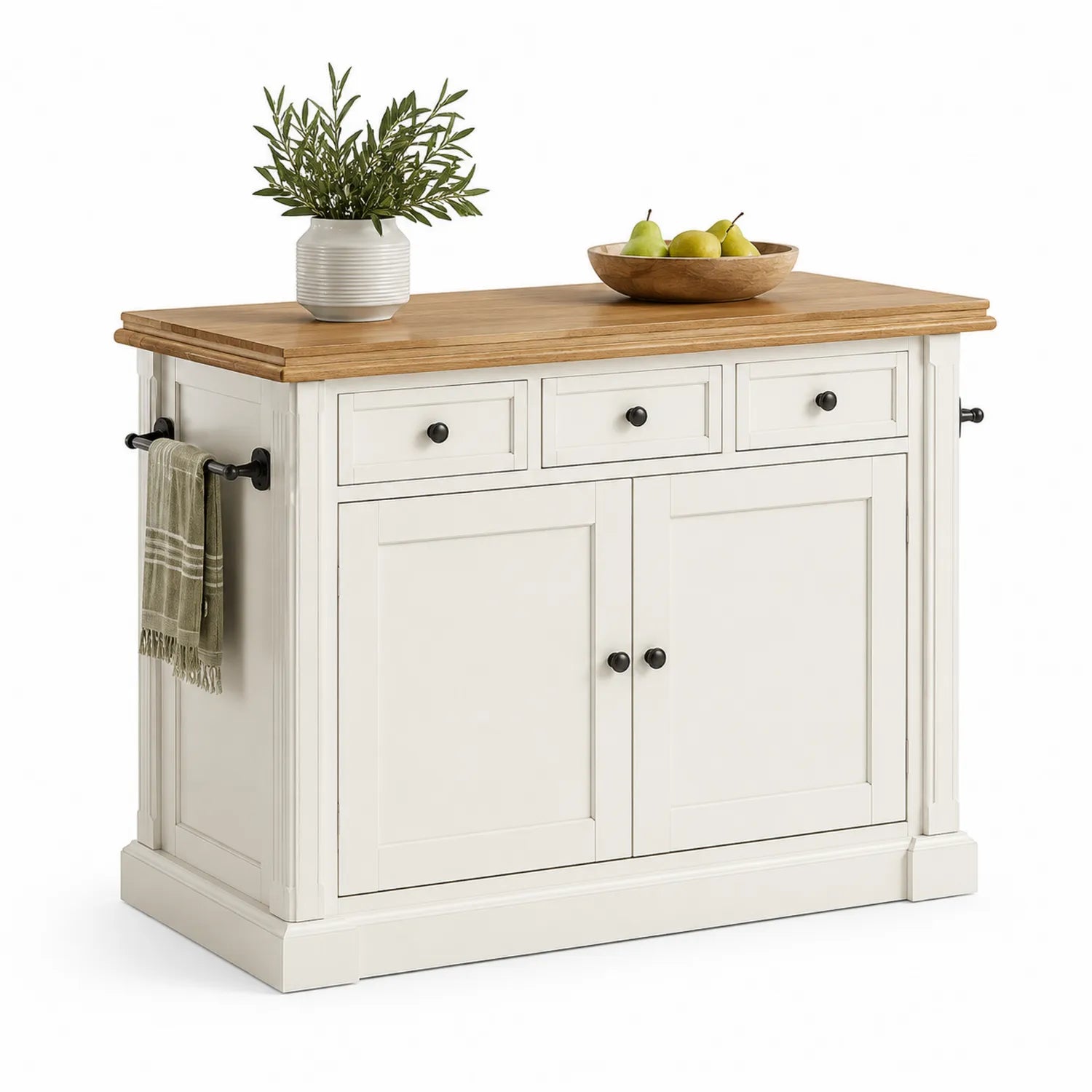 Wyspa kuchenna prostokątna 130 x 50 x 90 cm MDF blat drewno kauczukowe kremowa naturalne drewno czarne uchwyty reling boczny