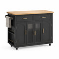 Wyspa kuchenna mobilna 120 x 50 x 90 cm czarna z blatem drewnianym MDF szafki na kółkach złote uchwyty