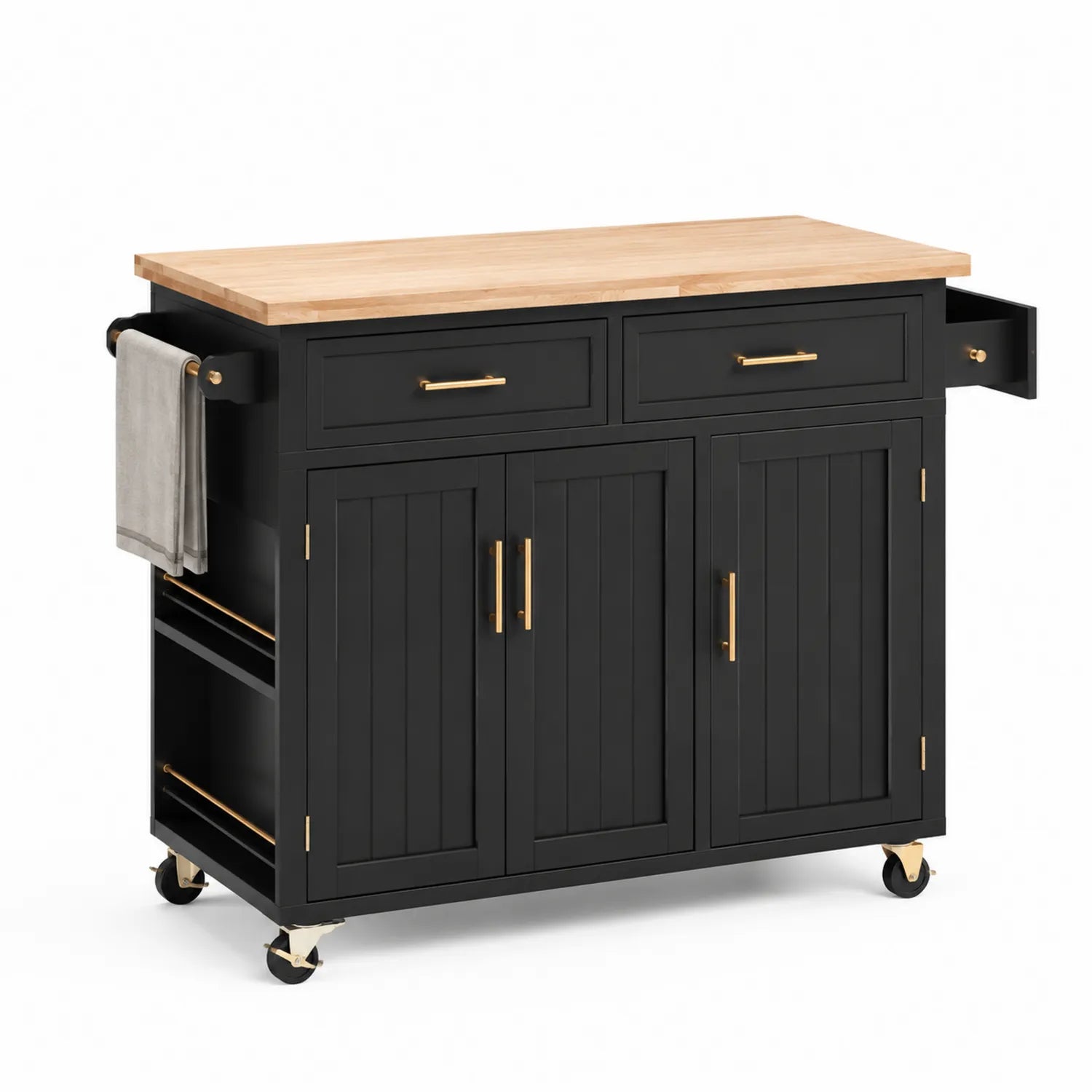 Wyspa kuchenna na kółkach 125 cm x 48 cm x 91 cm MDF drewno kauczukowe prostokątna czarna naturalne drewno złote uchwyty