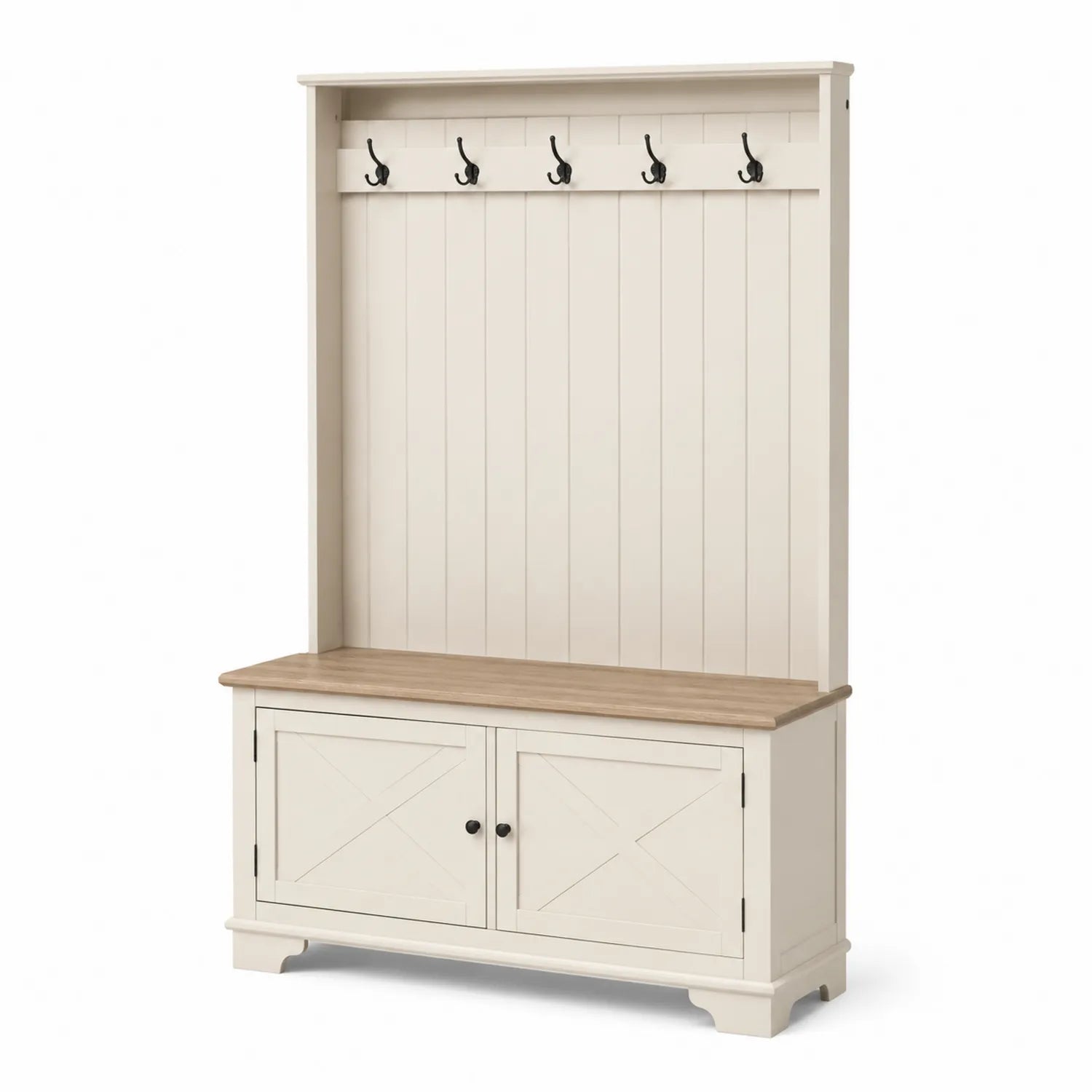 Wieszak do przedpokoju z ławką i szafką 100 cm x 40 cm x 190 cm MDF drewno lite stal kremowy naturalny czarny