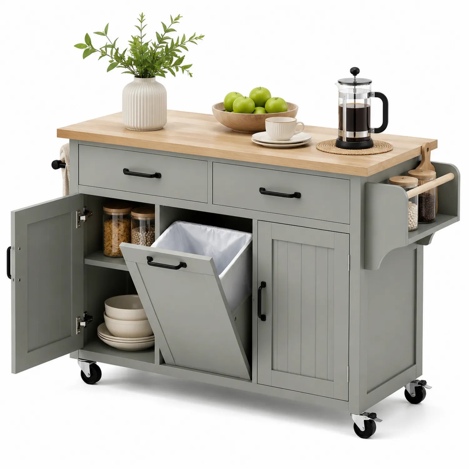 Mobilna wyspa kuchenna na kółkach 120 x 50 x 90 cm MDF szałwiowoszara z koszem uchylnym i szafkami
