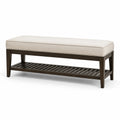 Ławka do przedpokoju 120 cm x 40 cm x 45 cm drewno lite ławka z półką na buty siedzisko tapicerowane beżowe ciemnobrązowe