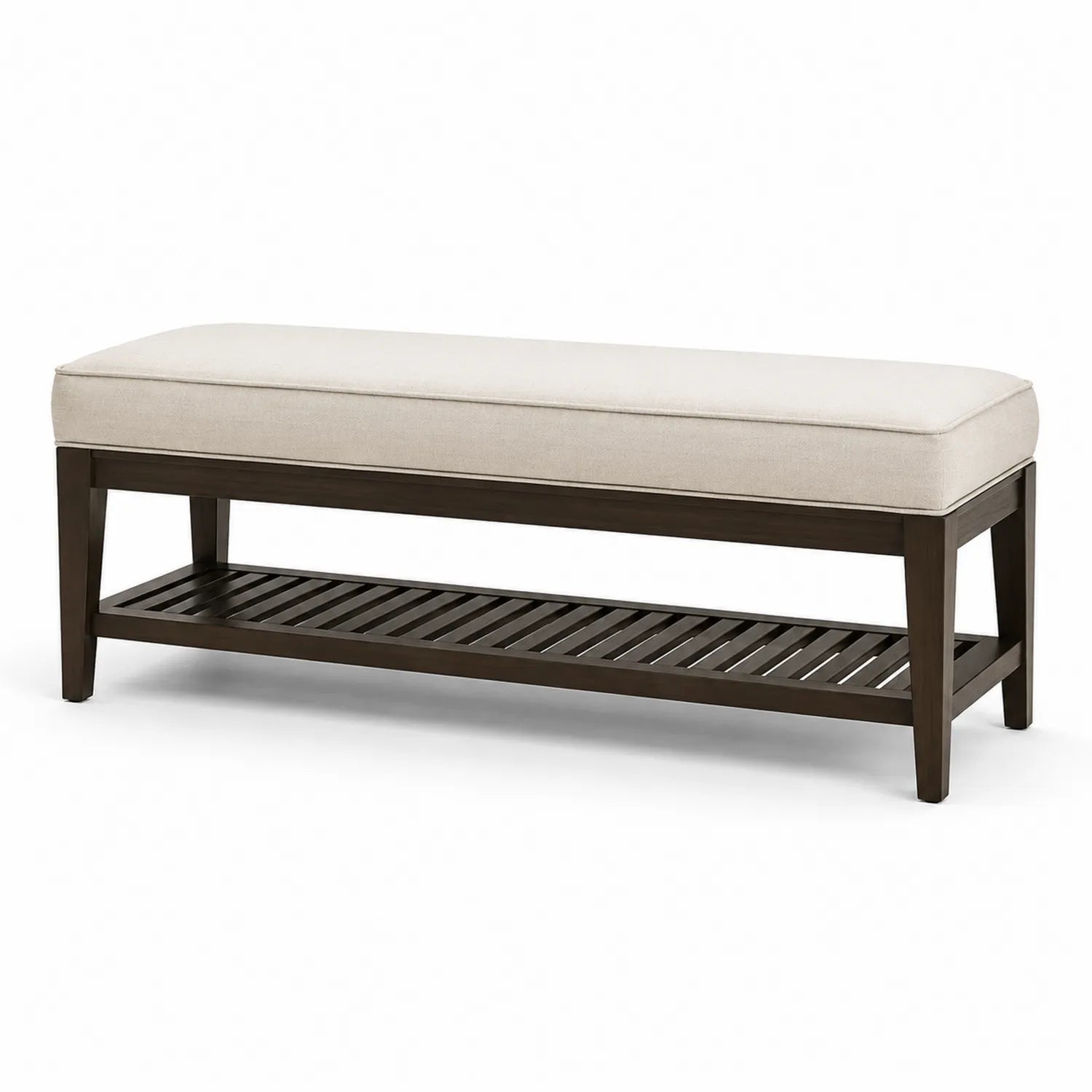 Ławka do przedpokoju 120 cm x 40 cm x 45 cm drewno lite ławka z półką na buty siedzisko tapicerowane beżowe ciemnobrązowe