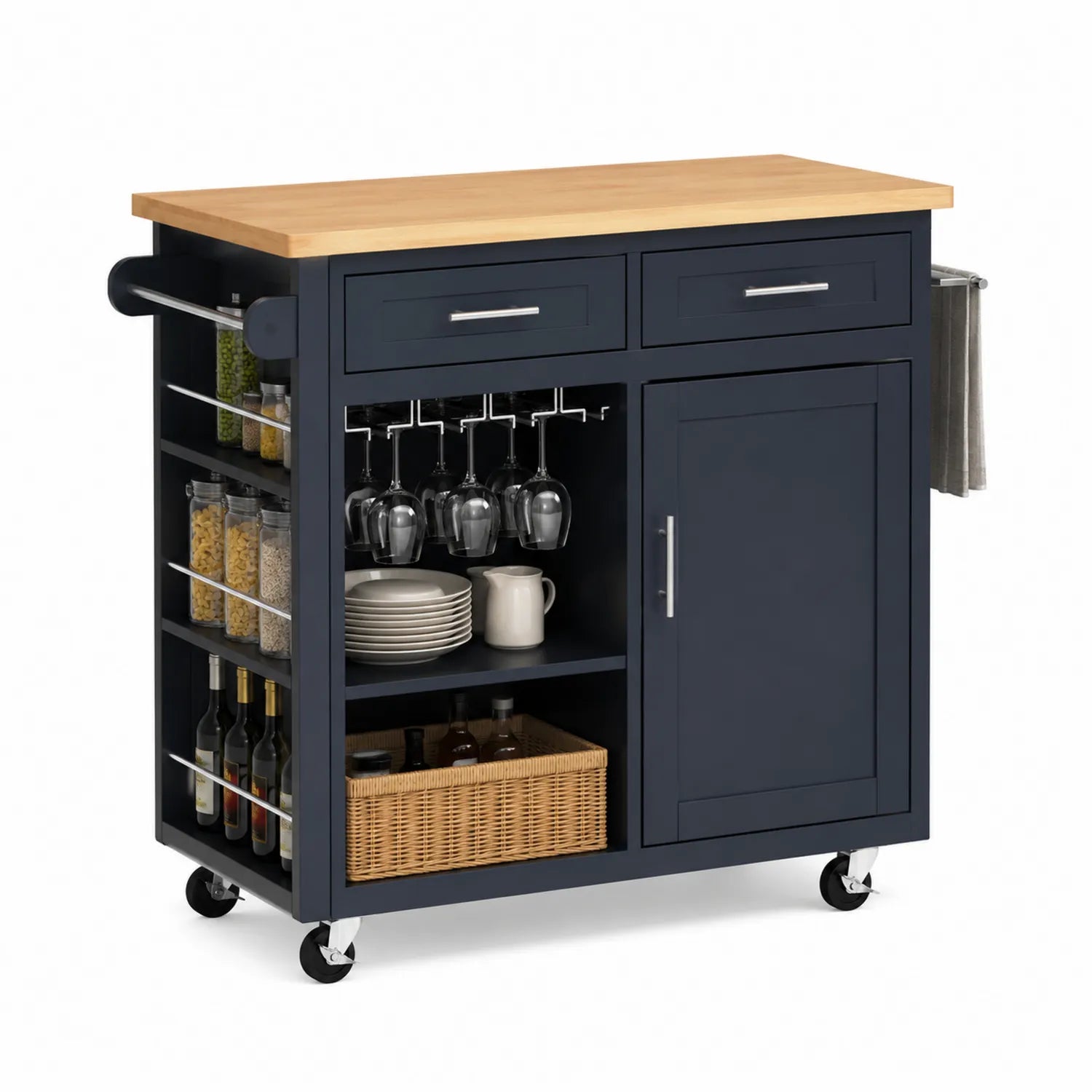 Wyspa kuchenna na kółkach 120 x 50 x 90 cm MDF granatowa blat drewniany szafki i szuflady naturalne drewno
