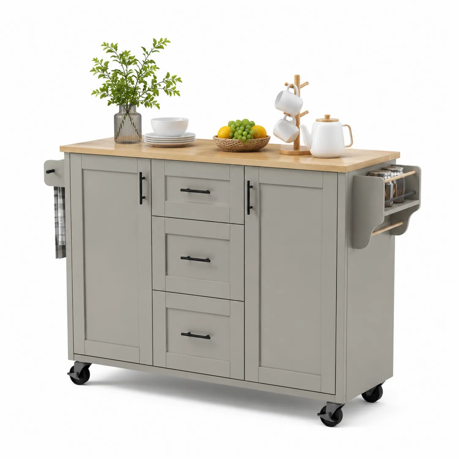 Wyspa kuchenna na kółkach 120 x 50 x 90 cm MDF lakierowany blat drewno kauczukowe jasnoszary naturalne drewno czarne elementy metalowe