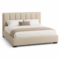 Łóżko tapicerowane 160x200 cm beżowe prostokątne tkanina poliestrowa pionowy zagłówek drewniane nogi