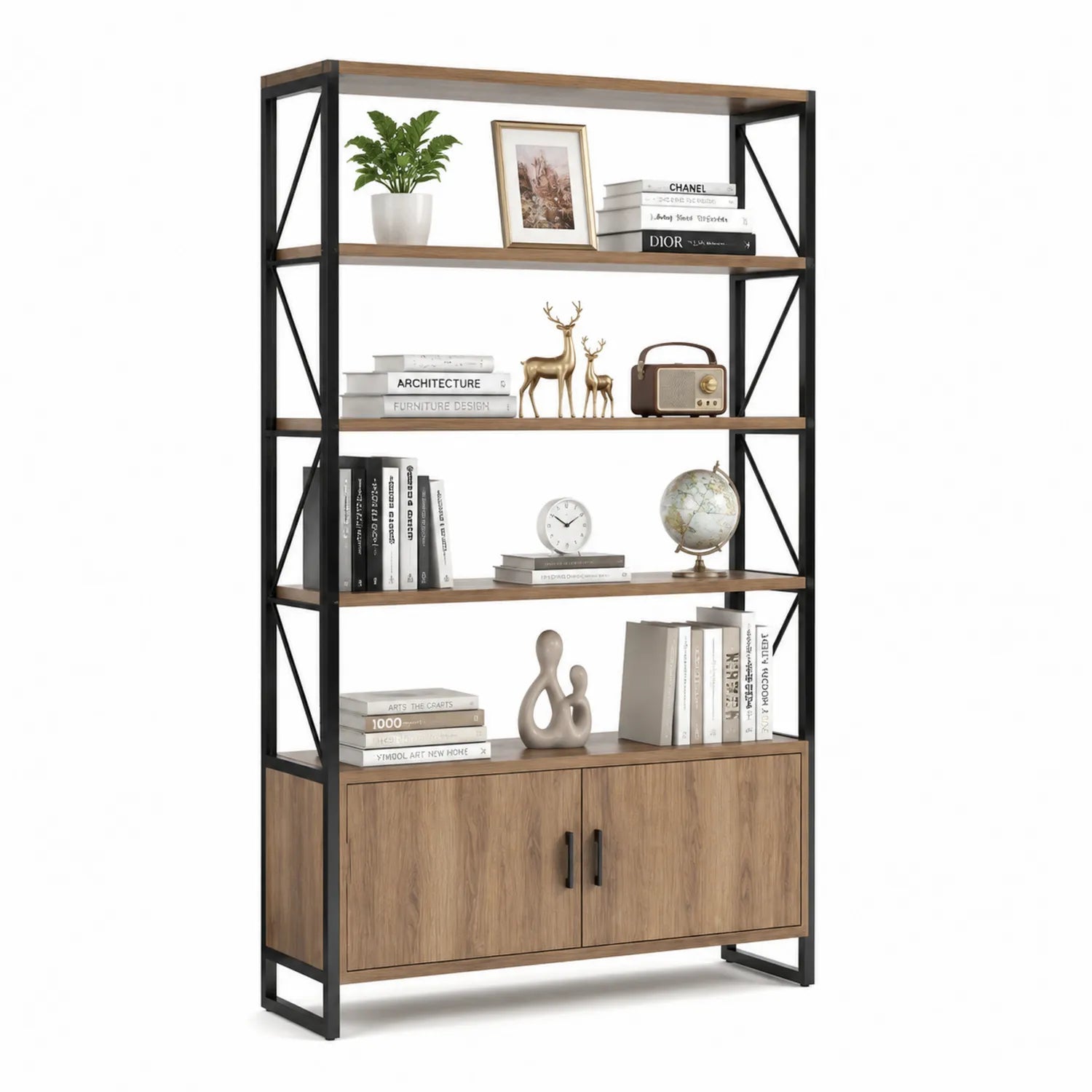 regał biurowy z szafką dolną 120 cm x 30 cm x 180 cm MDF dąb naturalny metalowa czarna konstrukcja półki otwarte