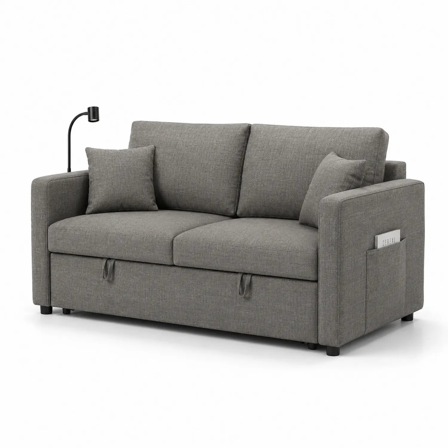 Sofa dwuosobowa rozkładana 170 cm 86 cm 84 cm tkanina poliestrowa szara czarna MDF sklejka ze schowkiem i lampką