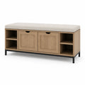 Ławka do przedpokoju ze schowkiem 150 x 40 x 55 cm MDF dąb naturalny tapicerowane siedzisko beżowe czarna podstawa