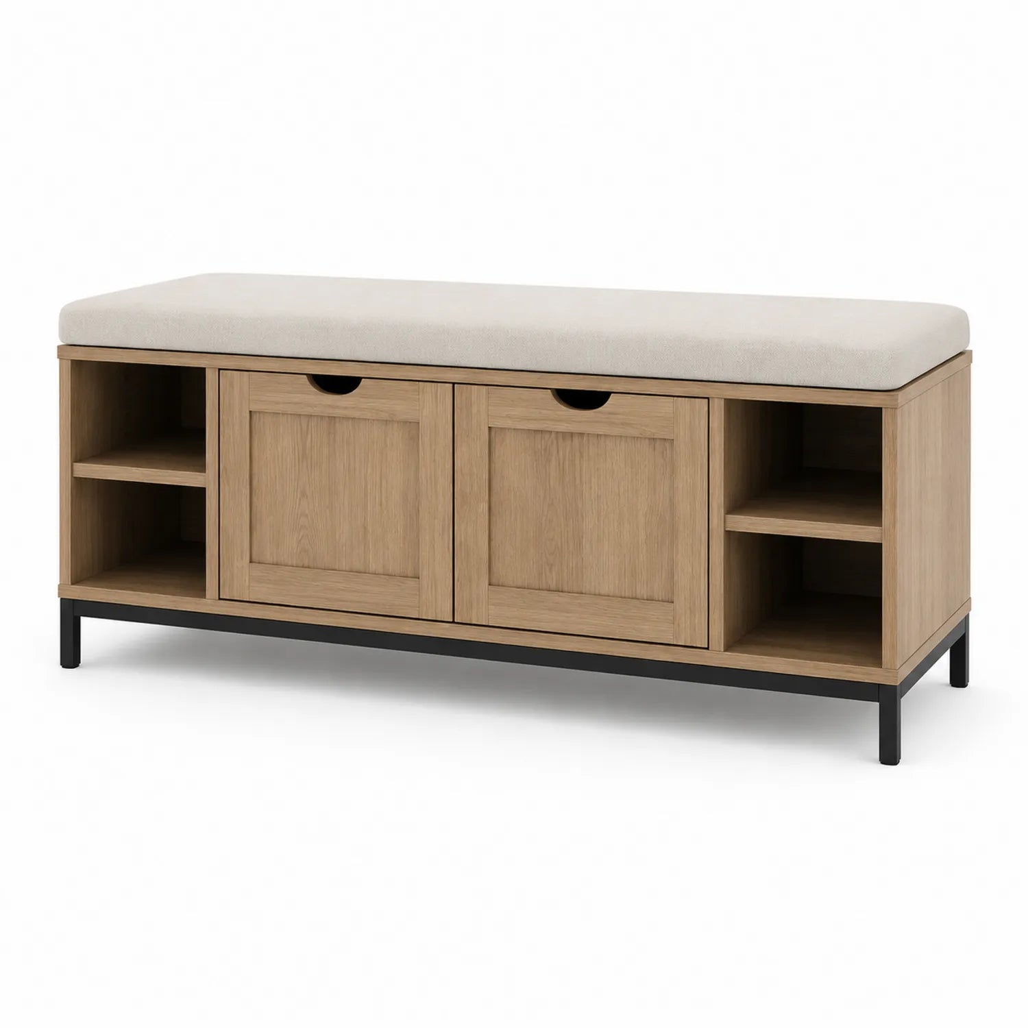 Ławka do przedpokoju ze schowkiem 150 x 40 x 55 cm MDF dąb naturalny tapicerowane siedzisko beżowe czarna podstawa