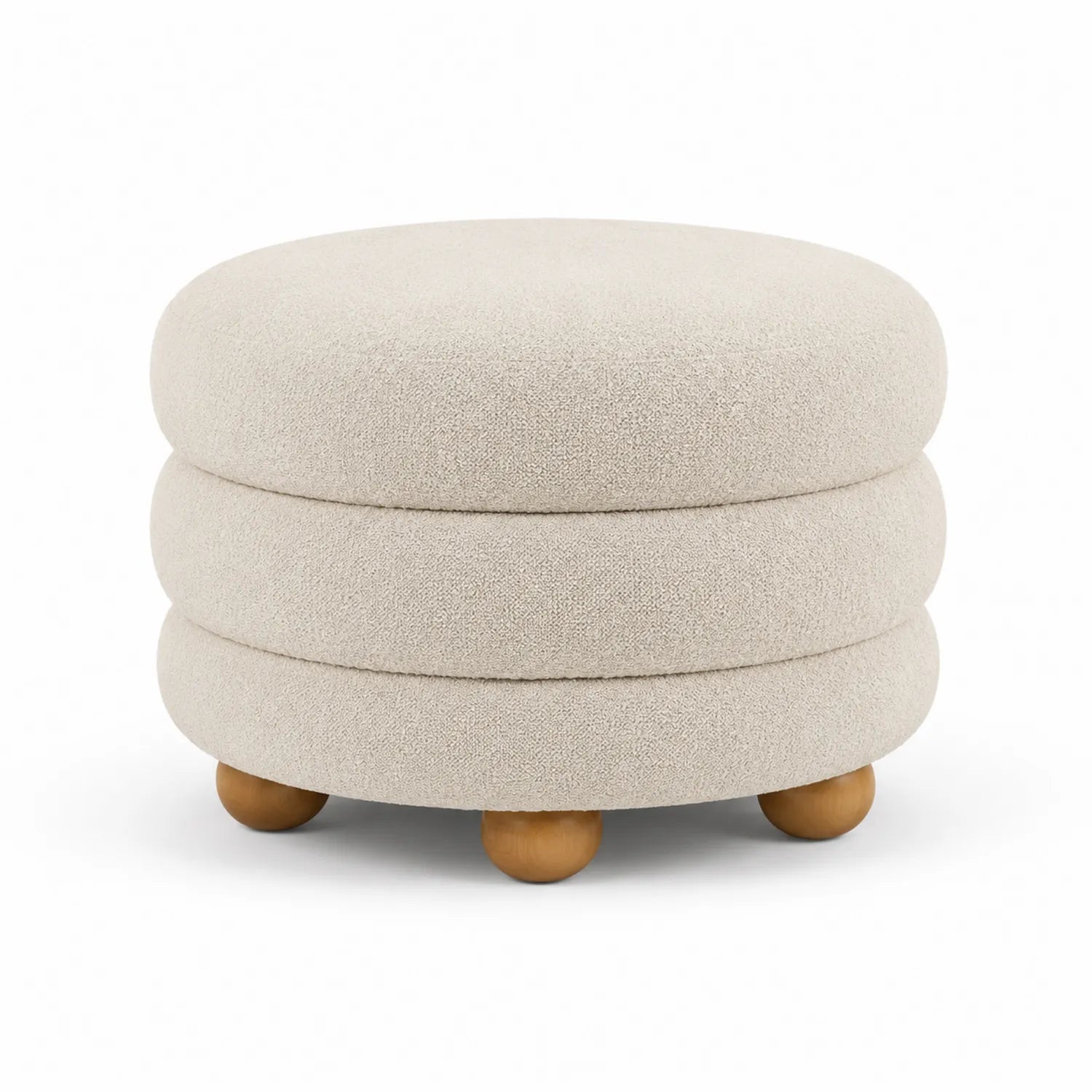 Puf okrągły Ø60 cm x 45 cm tkanina bouclé kremowy MDF sklejka brzozowa drewniane nogi jasne drewno
