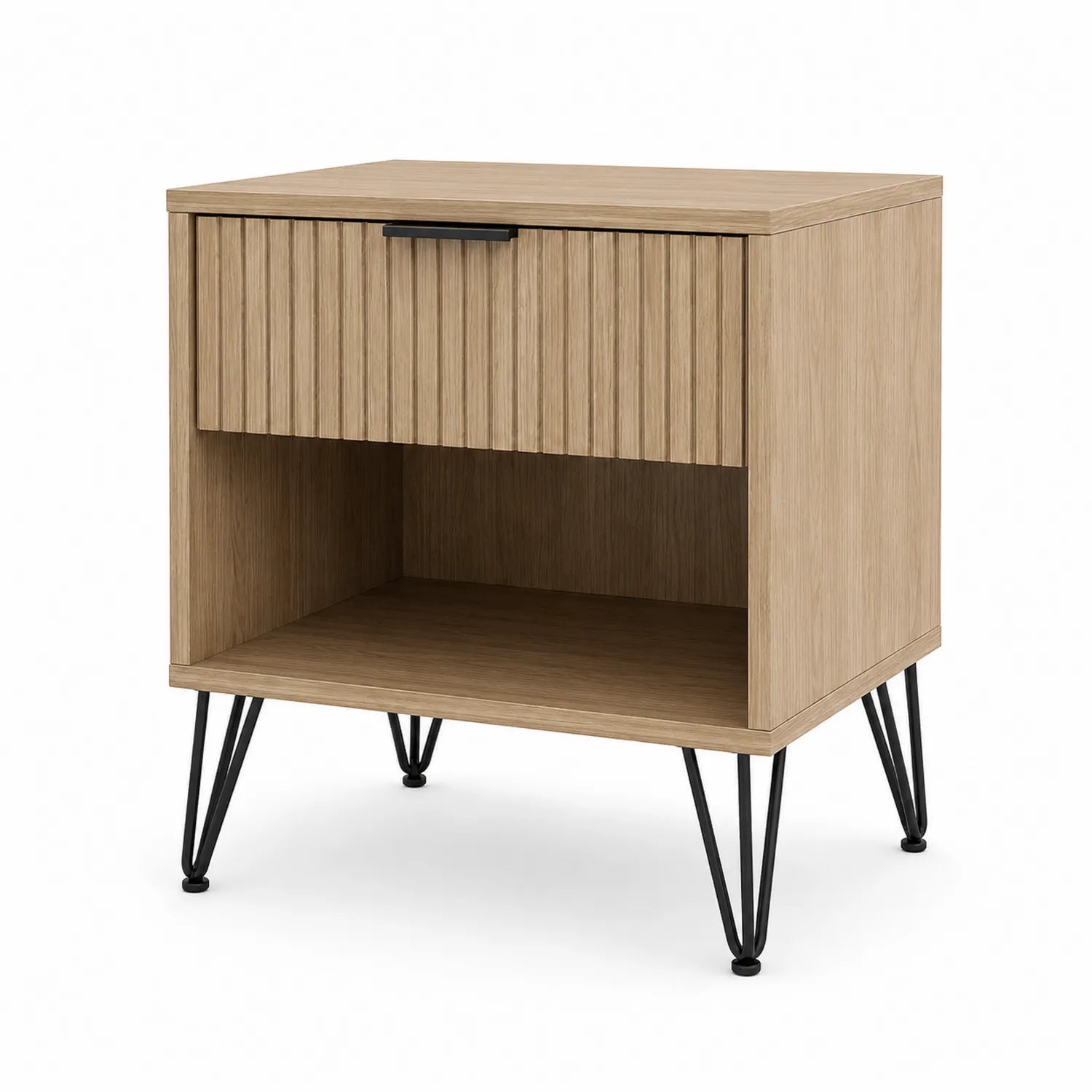 Szafka nocna 50 x 40 x 55 cm MDF płyta wiórowa ryflowany front dąb naturalny czarne metalowe nogi prostokątna