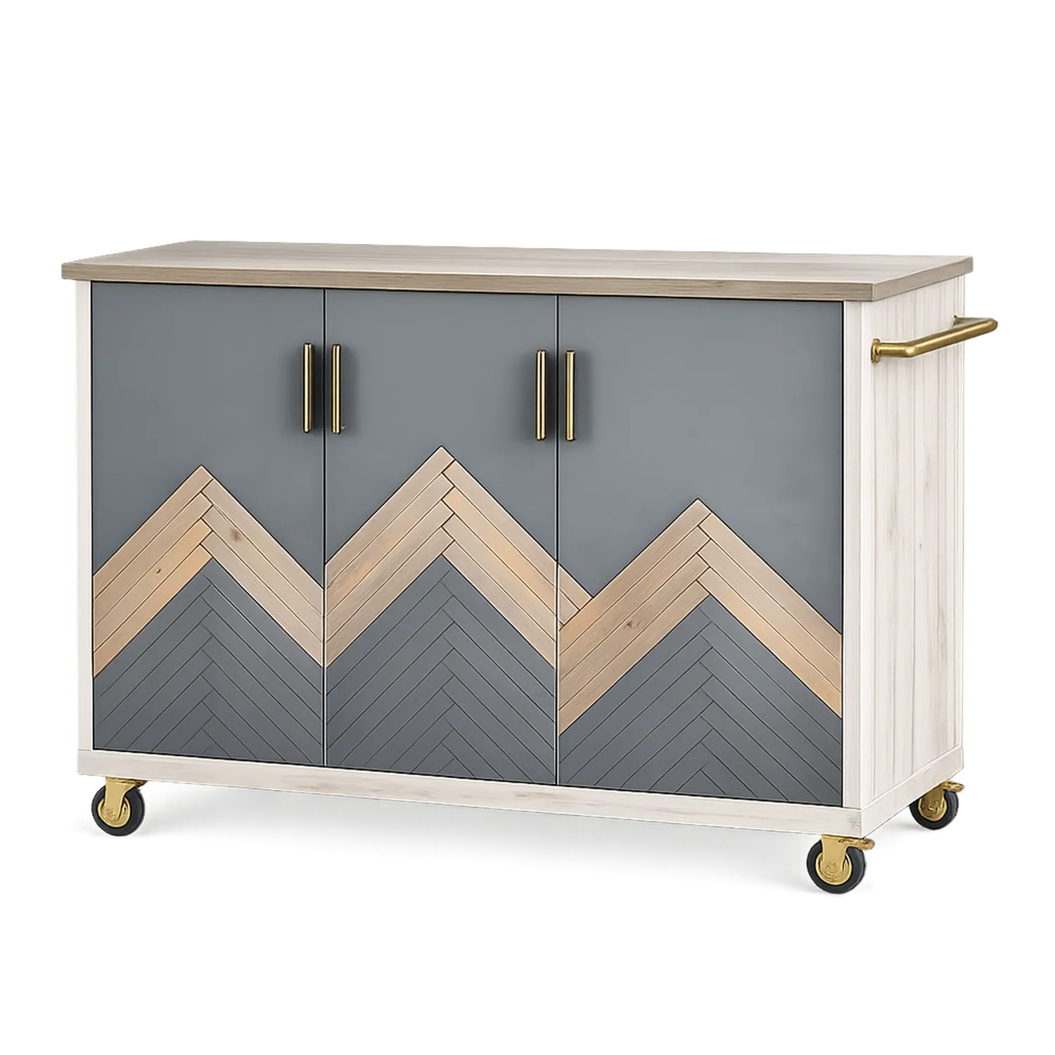 Wyspa kuchenna na kółkach 120 x 50 x 90 cm szara z drewnianym blatem MDF złote uchwyty