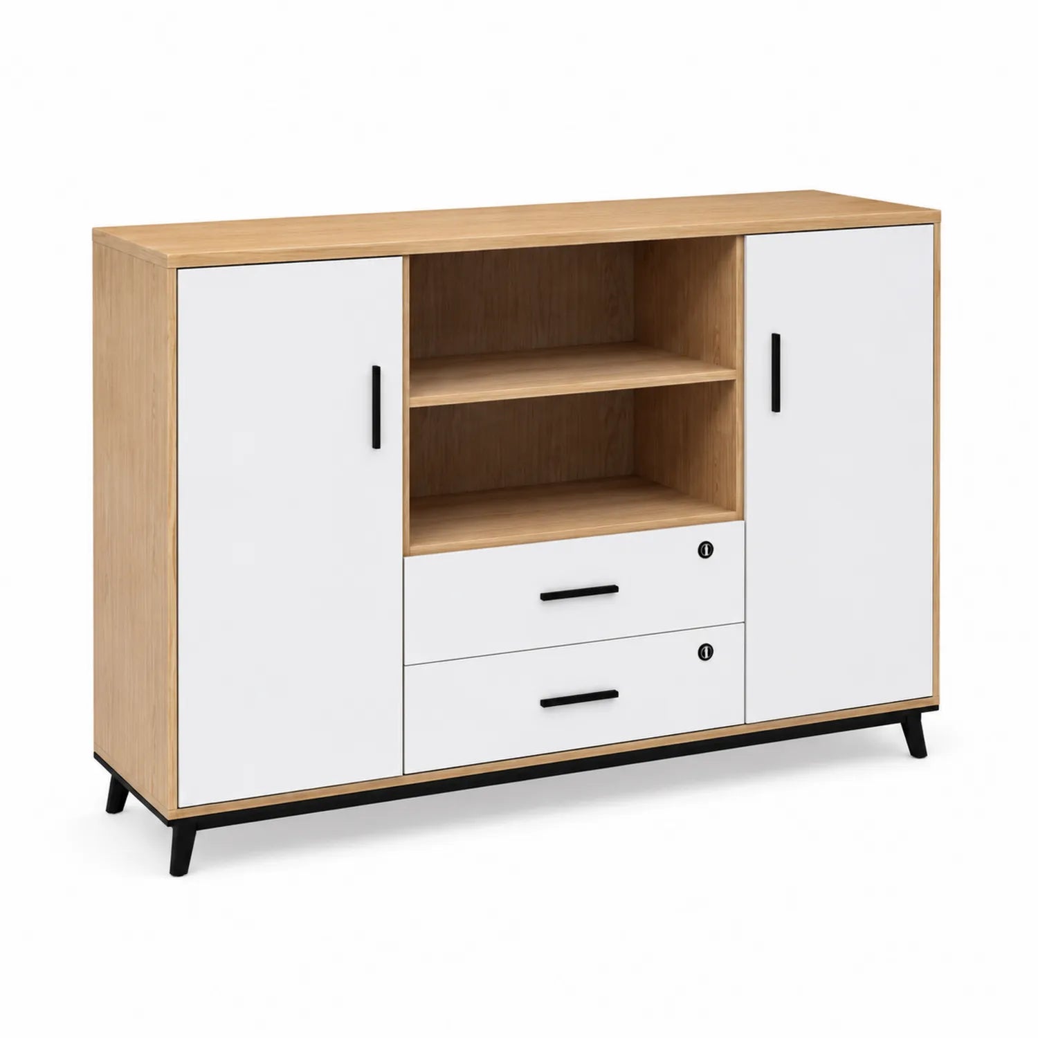 Szafka biurowa 140 cm x 40 cm x 85 cm MDF biały dąb naturalny z szufladami i półkami