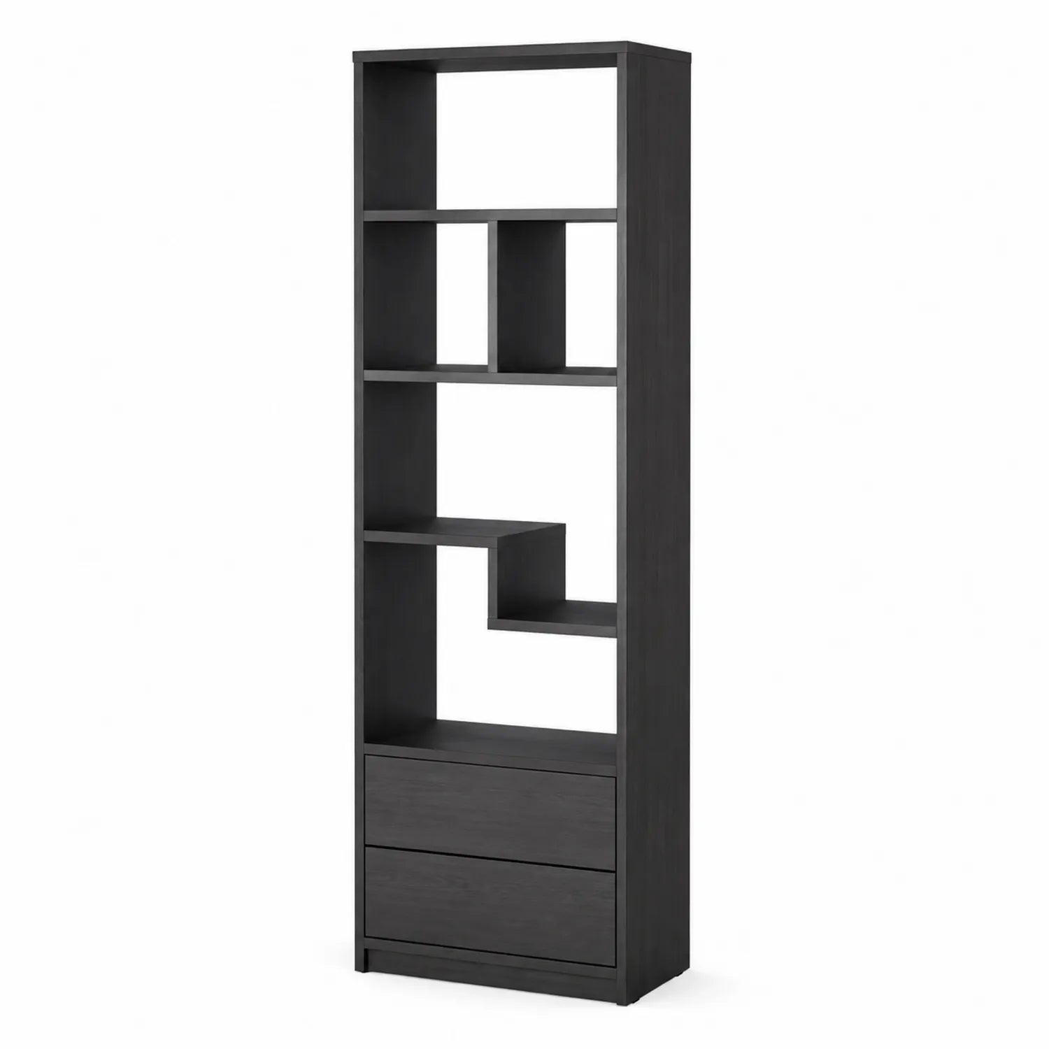Regał biblioteczny 60 cm x 30 cm x 180 cm płyta wiórowa laminowana czarny asymetryczny 4 półki 2 szuflady