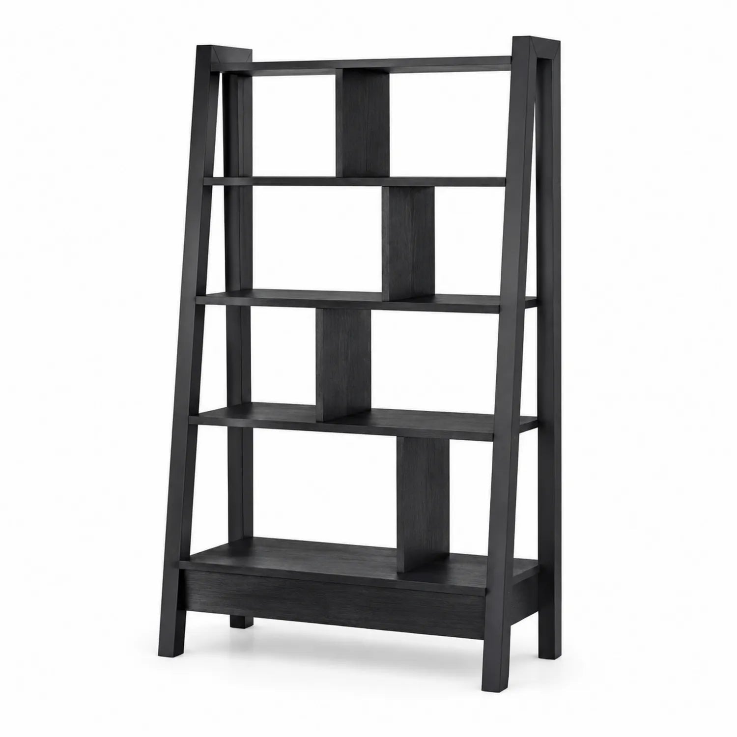 Regał biurowy drabinkowy 80 cm x 35 cm x 180 cm MDF laminowany czarny wolnostojący z otwartymi półkami