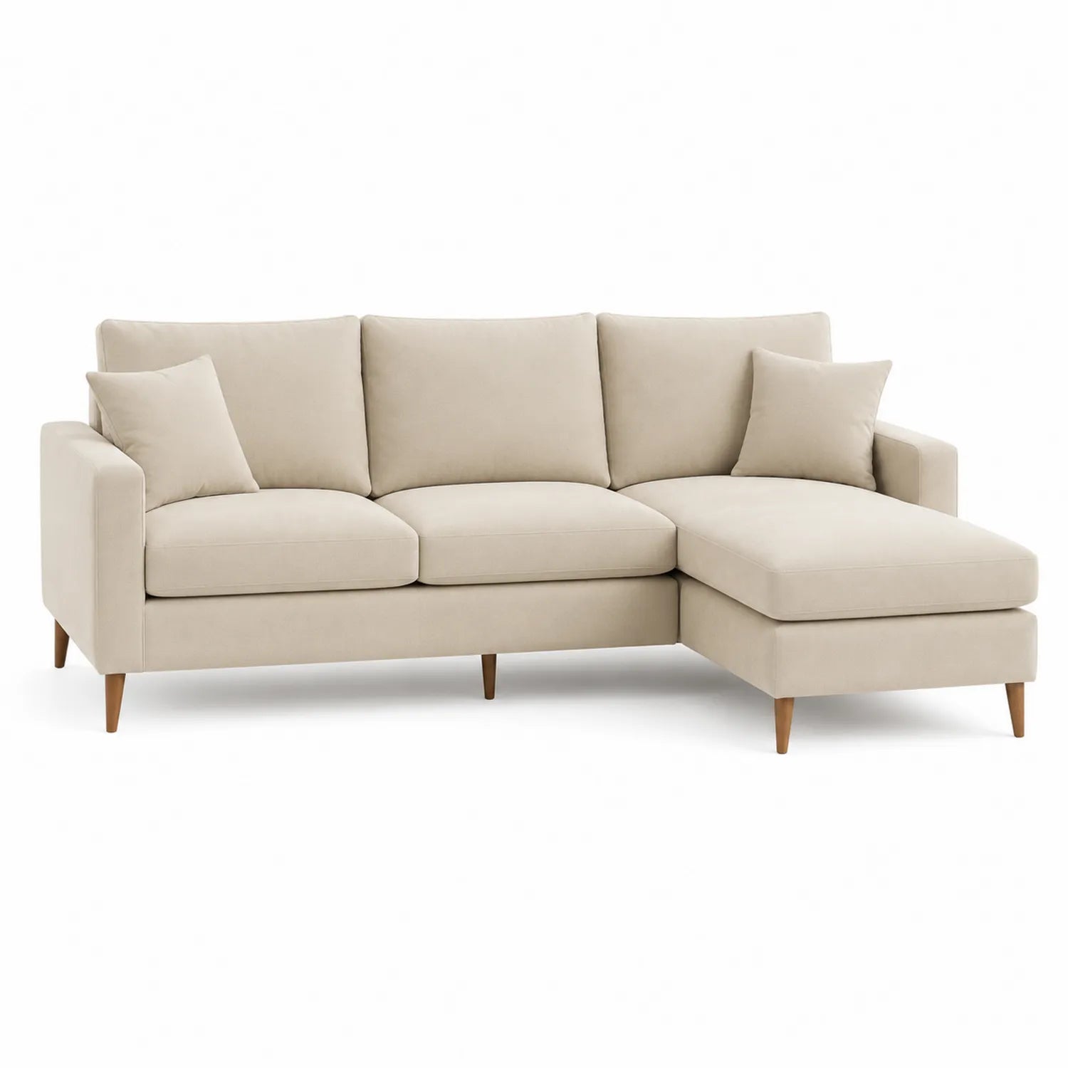 Sofa narożna L z szezlongiem prawym 245 cm x 155 cm x 84 cm tkanina poliestrowa beżowa drewniana modułowa 5 osobowa