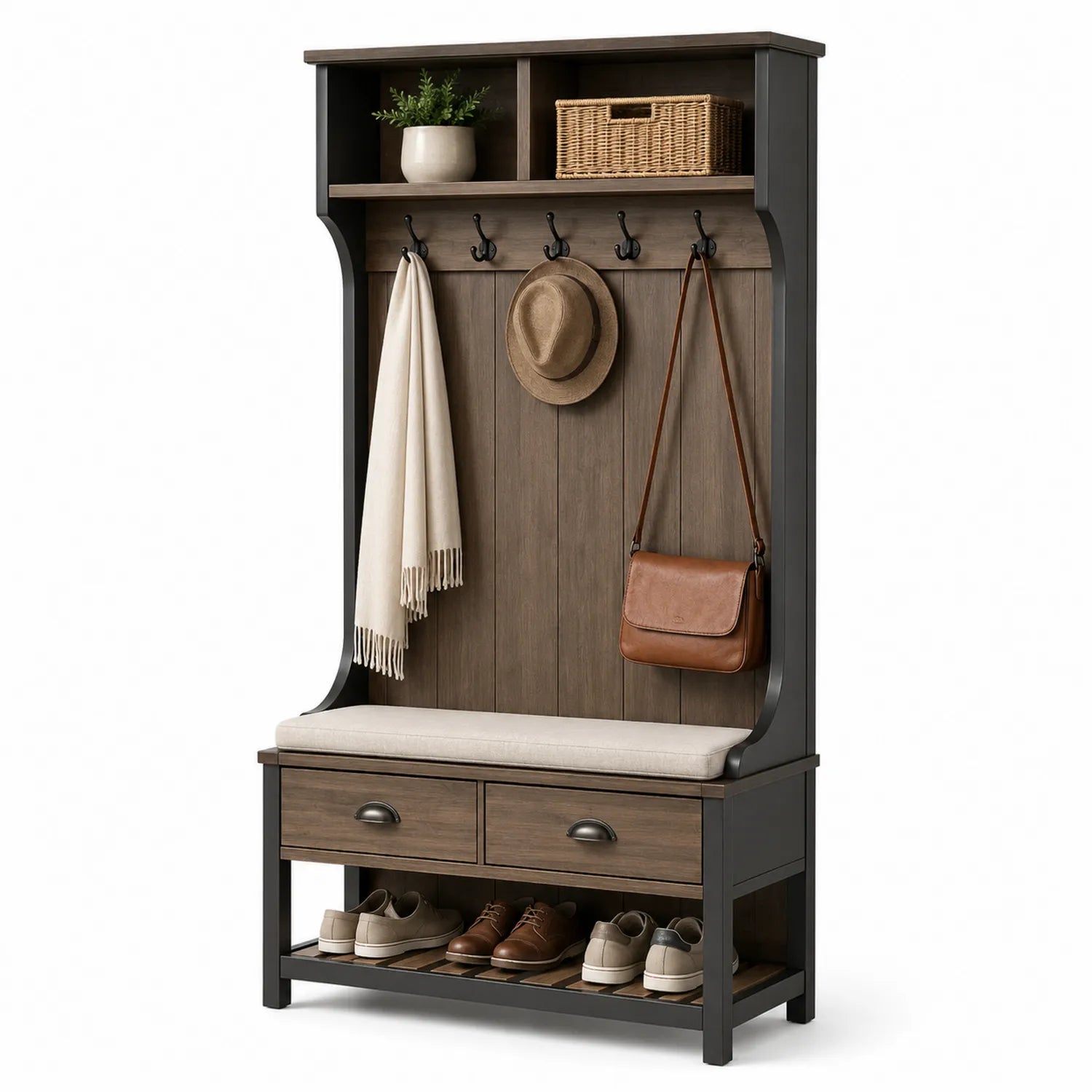 Wieszak do holu z ławką i półką na buty 100 cm 40 cm 190 cm MDF stal brązowy czarny beżowy