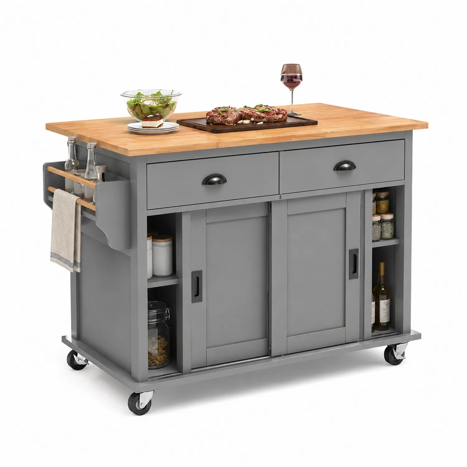 Wyspa kuchenna na kółkach 130 cm x 50 cm x 90 cm MDF drewno bambusowe prostokątna szara jasne drewno czarna